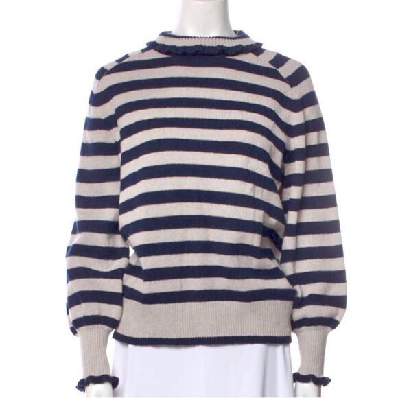 Rebecca Taylor Navy Blue Cream Stripe Merino Wool Ruffle Pullover Sweater - Picture 2 of 16